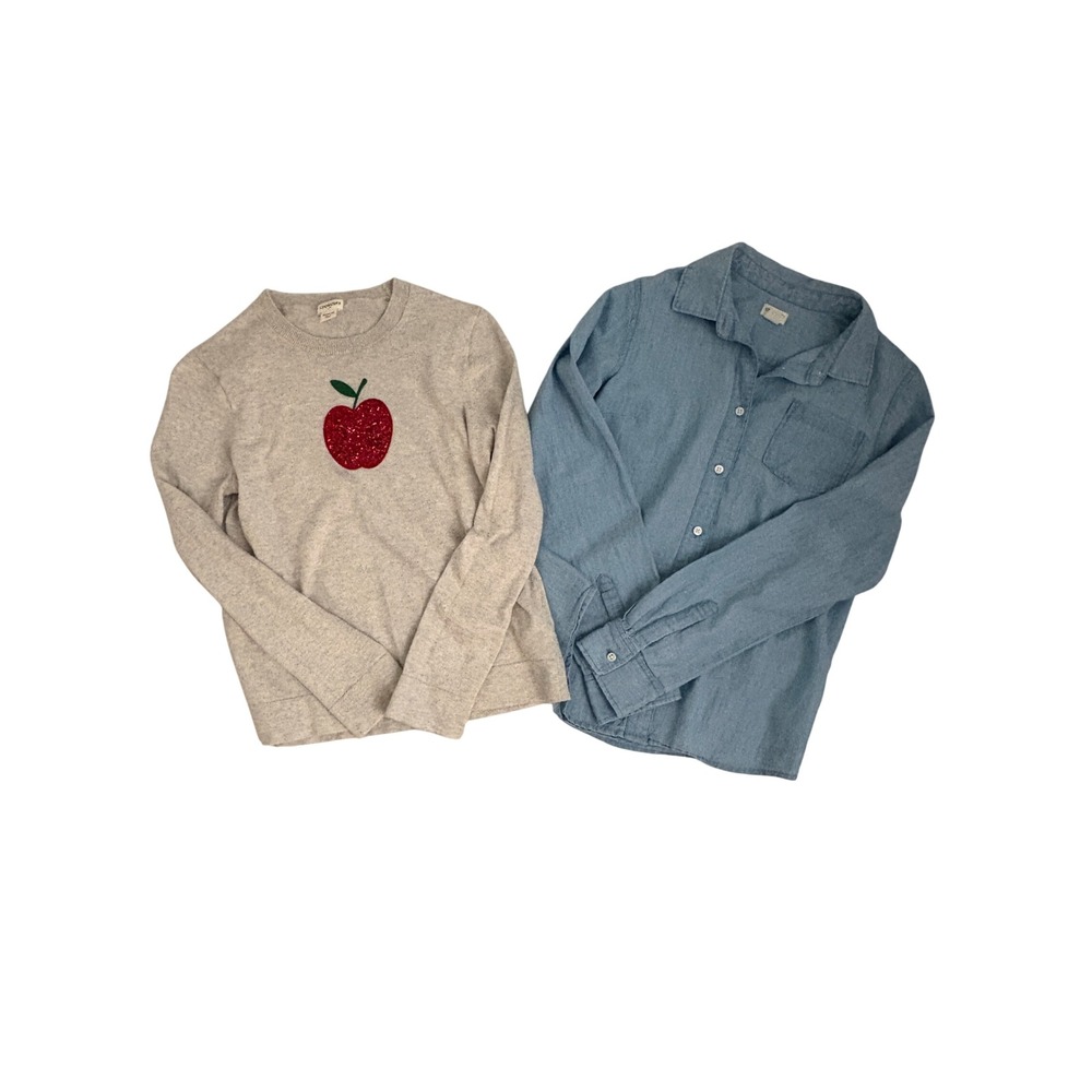 Crewcuts Girls Sequin Apple Sweater and Chambray Shirt Bundle XL 12-14 Tan Blue